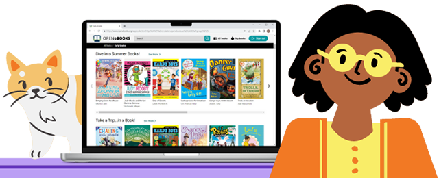 Illustration of a child looking at the Open eBooks homepage displaying on their laptop. Click to learn more about Open eBooks.