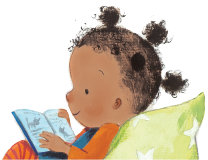 Illustration by Rosalind Bearshaw of Lola reading a book, taken from Lola Gets a Cat by Anna McQuinn.